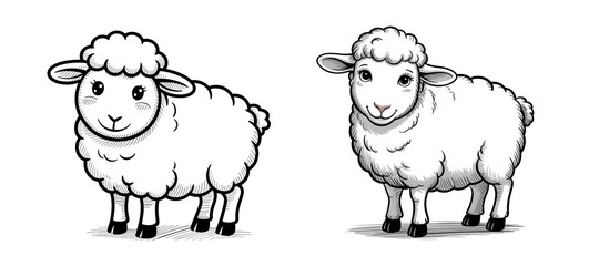 Sheep : Black and white pencil sketch drawing isolated on white background