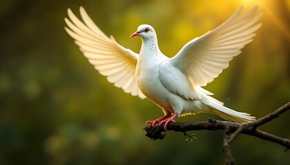 Fototapeta premium white dove perched on a branch, dove png background