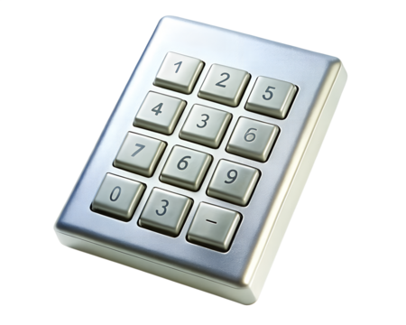 A silver numeric keypad with 17 keys, isolated on a transparent background