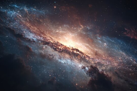 Night sky displays a dramatic celestial event with nebulous clouds and stars, creating an ethereal and awe-inspiring cosmic panorama