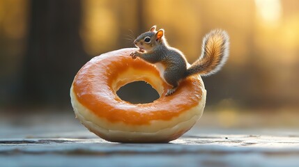 A tiny squirrel running in a massive donut, as training wheel