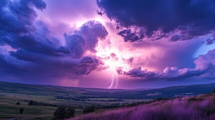 Dramatic Lightning Show in Vibrant Purple Sky Over Rolling Hills During Stormy Weather