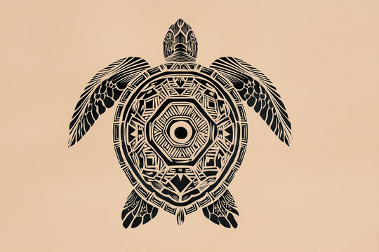 Linocut style turtle illustration, geometric shell pattern, simplified design, hand printed texture, natural aesthetic.