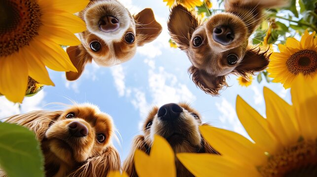 adorable group of cavaliers king charles looking down into the camera,