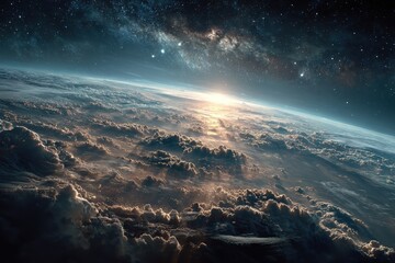 Fototapeta premium Planet Earth view from space showing mountains, clouds, and atmosphere during daytime