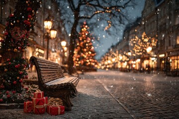 Festive christmas decorations adorn a snowy city street in winter with a lit tree, bench, and red presents, illuminated with twinkling lights at nighttime