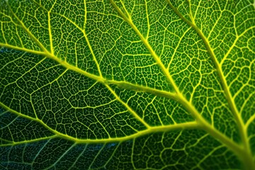 A closeup of a green leaf showing intricate yellow veins