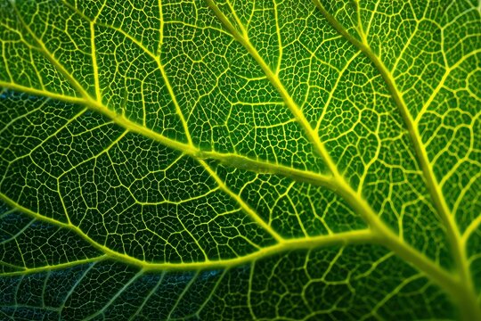A closeup of a green leaf showing intricate yellow veins