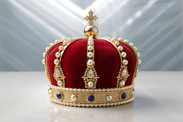 Royal crown red velvet gold pearl and jewel encrusted king queen prince princess coronation headwear tiara