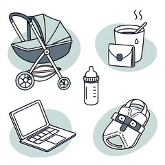 Baby Stroller with Laptop and Cup of Warm Drink Round Composition