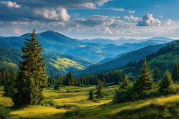 Obraz premium A landscape showing mountains a valley fir trees clouds and grass