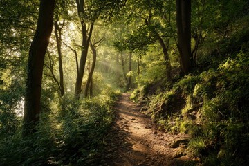 Obraz premium A sunlit forest path winds through verdant trees with light filtering down