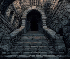 an illustration of dark scary stone stair entrance with stone architecture on both sides