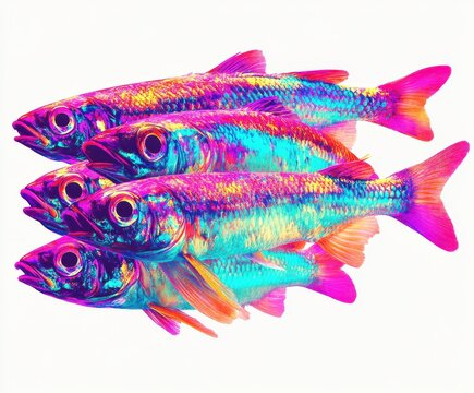Group of glowing neon fish in pink and blue on white background
