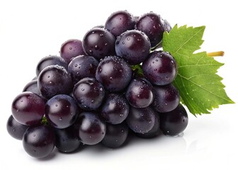 Fototapeta premium A bunch of fresh, dark purple grapes with green leaves, isolated on a white background