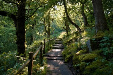 Obraz premium A wooden boardwalk ascends through a lush green forest dappled sunlight filtering through the canopy