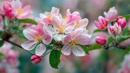 Obraz premium Apple blossoms pinkedged white petals cluster on a branch buds near and soft focus background