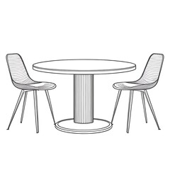 Dining Table and Chairs in Line Art Style in Black and White Representing Modern Interior Furniture Design