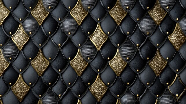 Fototapeta Black leather scales with gold accents form a textured ornate pattern