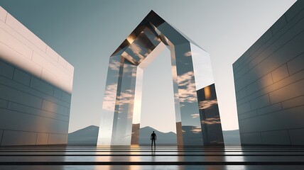 A Futuristic Architectural Gateway Reflecting a Serene Landscape