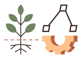 Green plant with roots paired with gear and automation tool, blending nature with technology. Ideal for agriculture, sustainability, innovation, growth, eco-technology, modern farming, evolution
