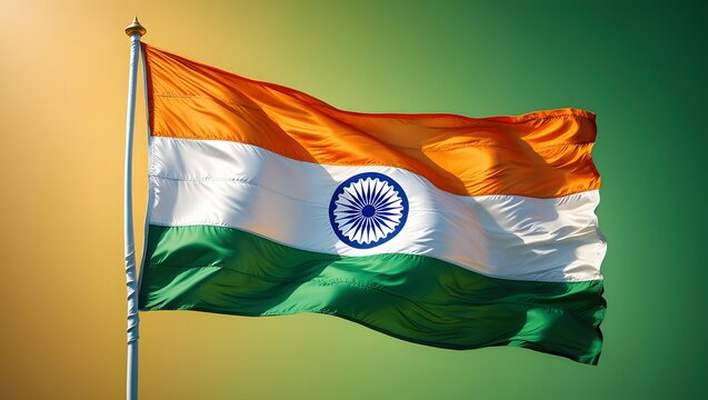 Dynamic depiction of the Indian flag against a gradated background scene