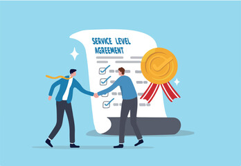 SLA service level agreement, commitment or support contract for uptime, availability or resolution for service problem, guarantee concept, businessman handshake with SLA checklist contract agreement