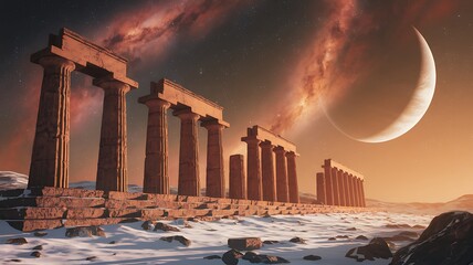 Ancient Ruins Under a Celestial Tapestry of Stars and Crescent Moon