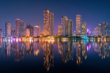 Fototapeta premium City skyline with skyscraper reflections on water at night illuminated cityscape