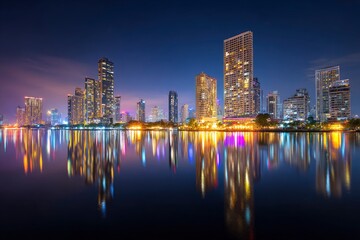 Fototapeta premium Cityscape at night with tall buildings reflected in the dark water lights shimmering