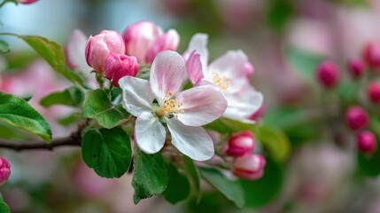 Obraz premium Closeup of a blossoming branch with white and pink flowers buds and green leaves against a blurred background
