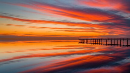 A Serene Sunset Reflecting on Calm Waters with a Pier