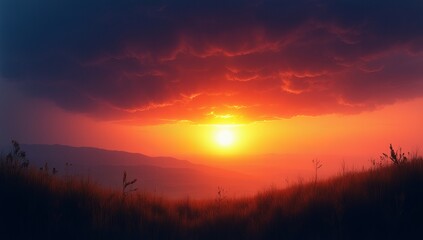 Obraz premium Dramatic Sunset Sky with Warm Vibrant Colors and Silhouetted Landscape