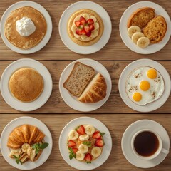 Delicious Breakfast Spread Featuring Pancakes, French Toast, Eggs, Croissant and Coffee Set on a Rustic Wooden Table