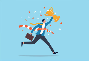 Success winning businessman, achievement, succeed performance or business victory, career success, goal or target accomplishment concept, success businessman running reach finish line with trophy