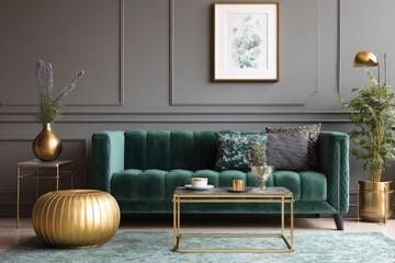 Elegant living room featuring a green velvet couch gold accents and a framed floral picture on a gray wall