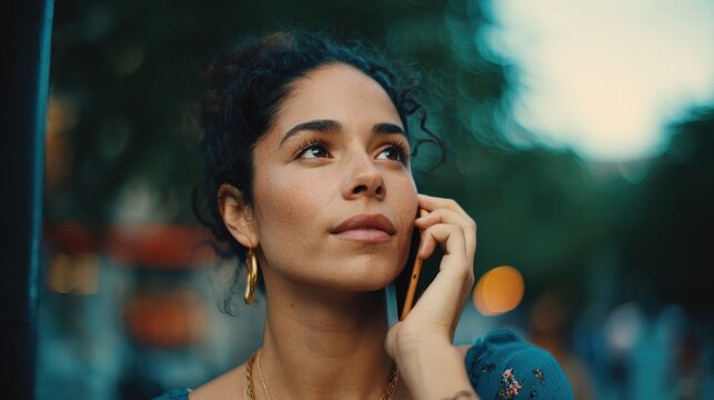 Portrait of young latin woman talking on her mobile phone. Outdoors., no logos, no brands