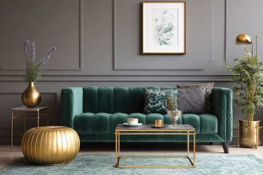 Elegant living room featuring a green velvet couch gold accents and a framed floral picture on a gray wall