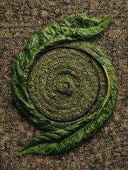 Obraz premium Spiral tea leaf mandala with intricate symbolic script on textured surface