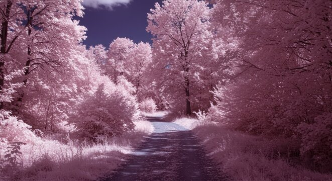 Surreal pink landscape with a road cutting through a lush forest scene in infrared photography,