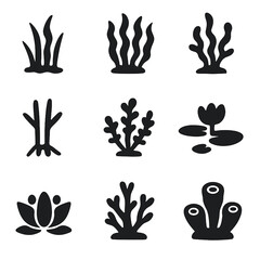 Fototapeta premium Aquatic Plant Icons. Solid, filled icon set of aquatic plants: seagrass, kelp, seaweed, mangrove, algae, water lily, lotus, coral