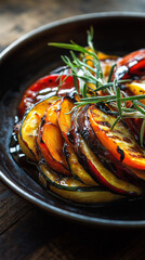 Asymmetrical ratatouille with rare roasted vegetables and balsamic glaze on dark wood Generative AI