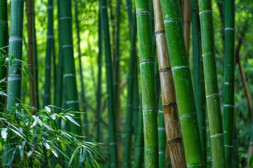Lush bamboo forest with green stalks dominating the foreground and softer blurred trees in the background