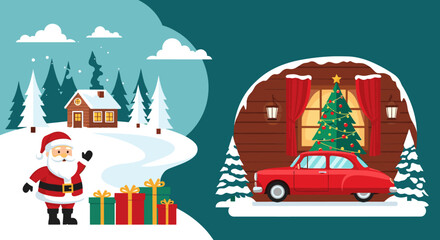 Obraz premium Warm Winter Greetings From A Cozy Cabin With A Festive Tree, A Charming Santa Claus With Gifts And A Classic Car For A Joyful Holiday Season