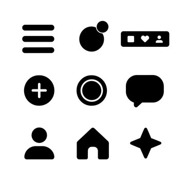 Black Mobile UI Icons. Solid, filled icon set of mobile UI elements: hamburger menu, notification dot, bottom nav bar, post button