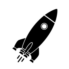rocket icon with fins and smoke trails, depicting launch and space exploration against a white background.