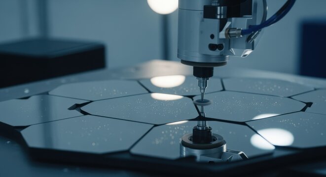 Precision computercontrolled polishing machine delicately smoothing microscopic surface features on a segmented telescope mirror panel.