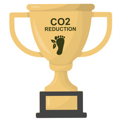 Golden trophy cup featuring CO2 reduction text and eco-friendly footprint symbol. Environmental sustainability award and recognition. Carbon neutral. Transparent background. Vector illustration