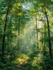 Obraz premium Sunlight in the green forest. Panoramic image of a summer morning