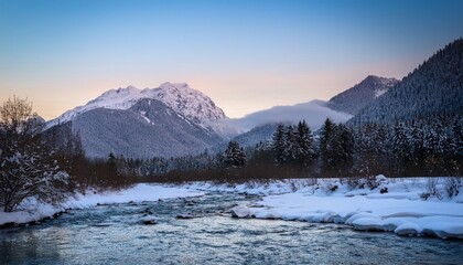 winter landscape with frozen river and snow covered mountains at dusk in a serene environment
